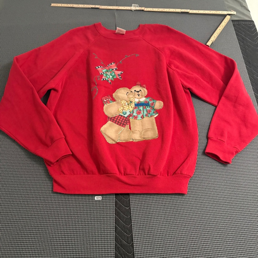 Vintage Tultex Christmas Teddy Bears Sweatshirt Red XL Mistletoe 90s Made in USA